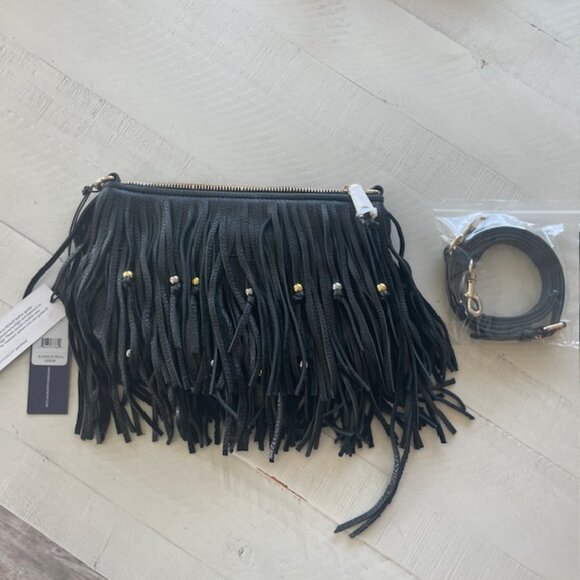 REBECCA MINKOFF FINN BEADED FRINGED CROSSBODY BLACK NWT - Picture 3 of 10